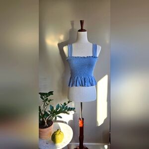 Urban Outfitters Smocked Peplum Top - Light Blue, Size L-G